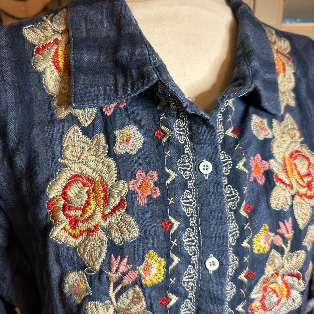 Andre by Unit Midi Denim Striped Ombre Button Down Collared Dress Embroidered L - Picture 6 of 9
